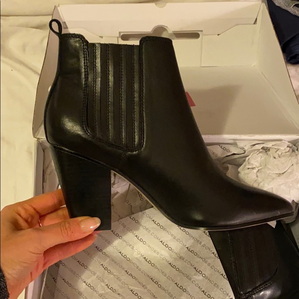 Block Heeled Black Leather Booties